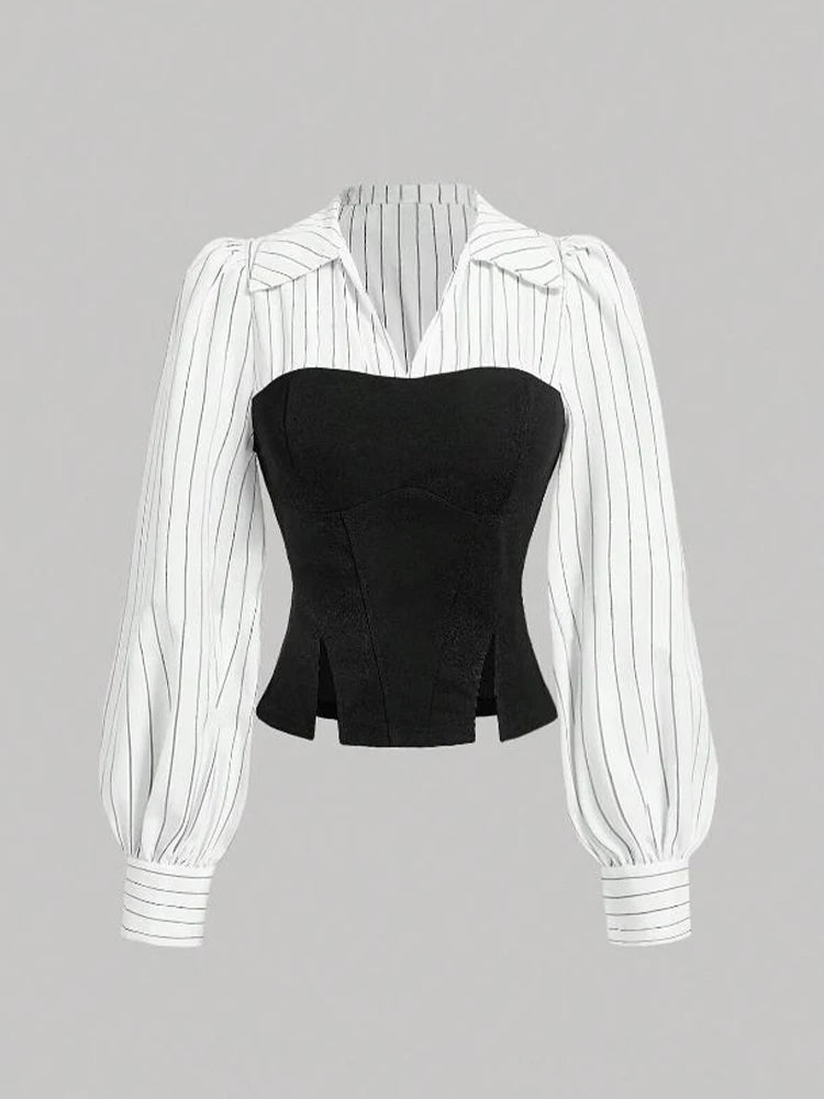Striped Spliced Lapel Elegant Stylish Top