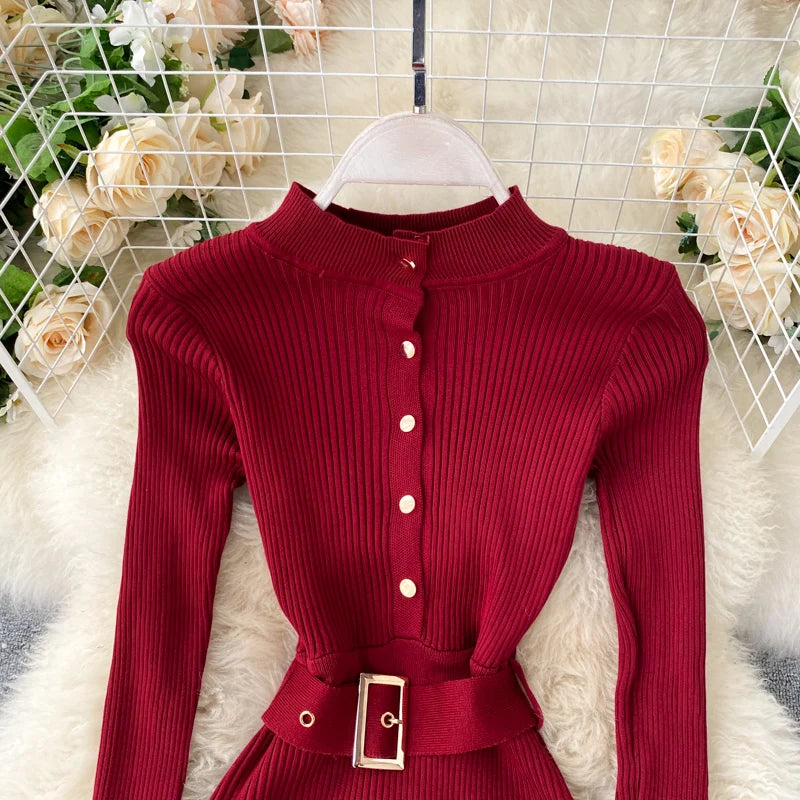 Elegant Casual Knit Belt O Neck Button Long Sleeve Solid Elastic Waist Slim Winter Sweater Dresses