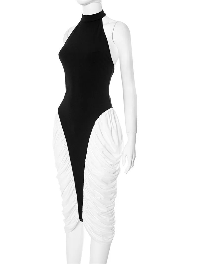 Patchwork Halter Backless Sleeveless Pleated Midi Dress