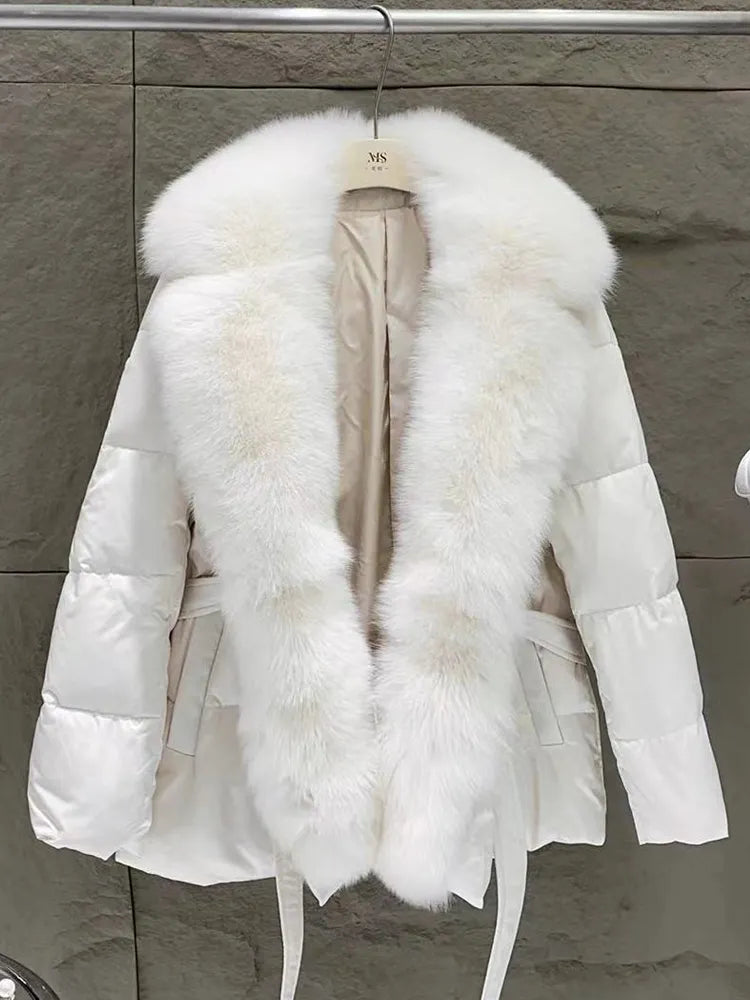 Natural Fox Fur Collar Goose Down Warm Parkas Slim Coat