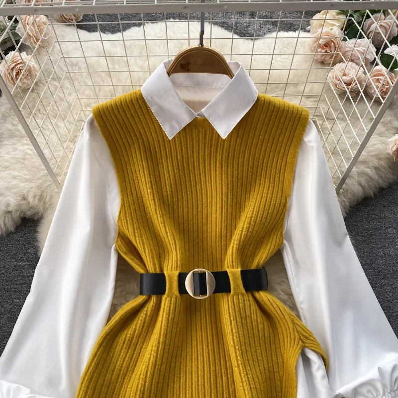 Luxury Style Loose-fit Long Sleeve White Shirt Side Slit Knit Vest 2-piece Set