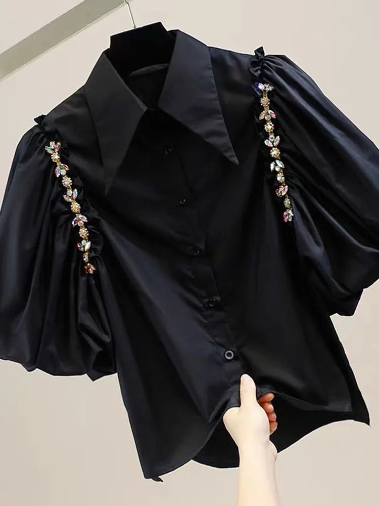 Puff Sleeve Diamond Irregular Single Breasted Shirt Top