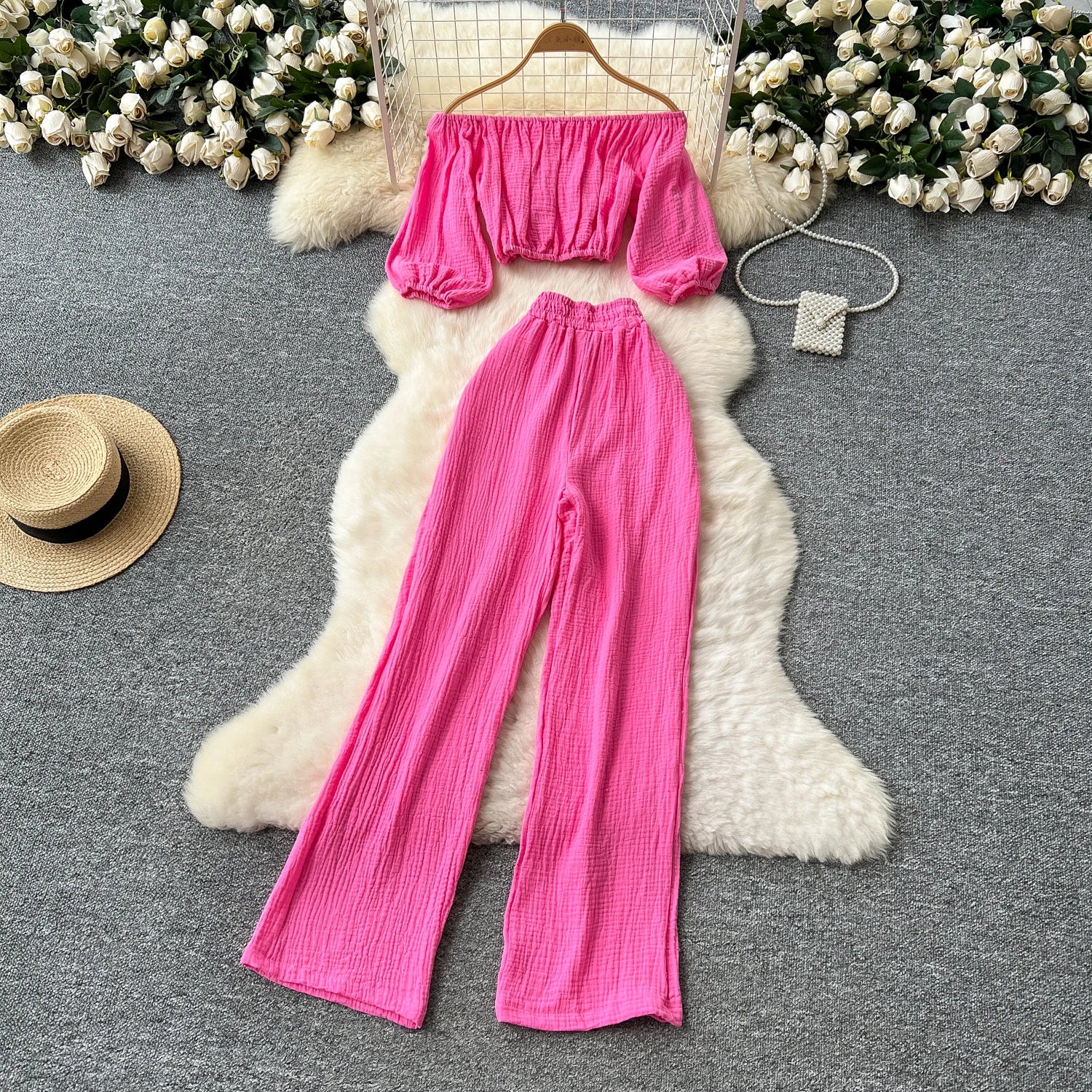 Lantern Sleeve Off Shoulder Crop Top+High Waist Wide Legs Pants Two Piece Set