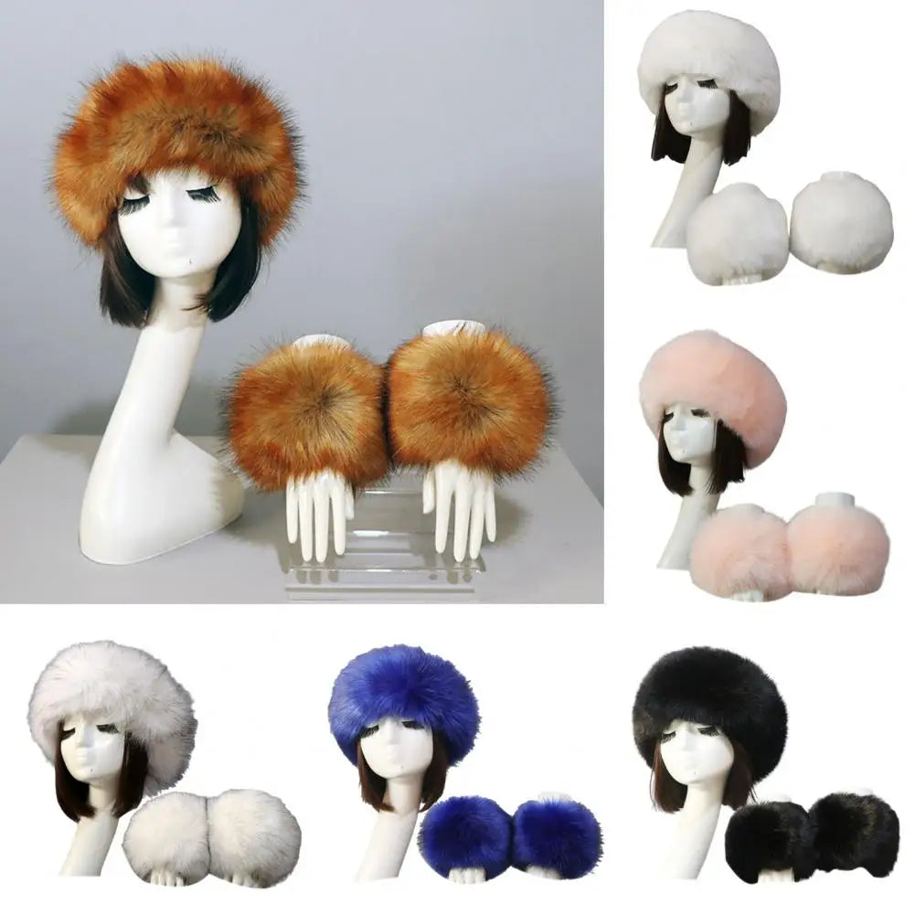 Fluffy Faux Fur Empty Top Soft Keep Warm Elastic Cozy Hat Cuffs Set for Outdoor