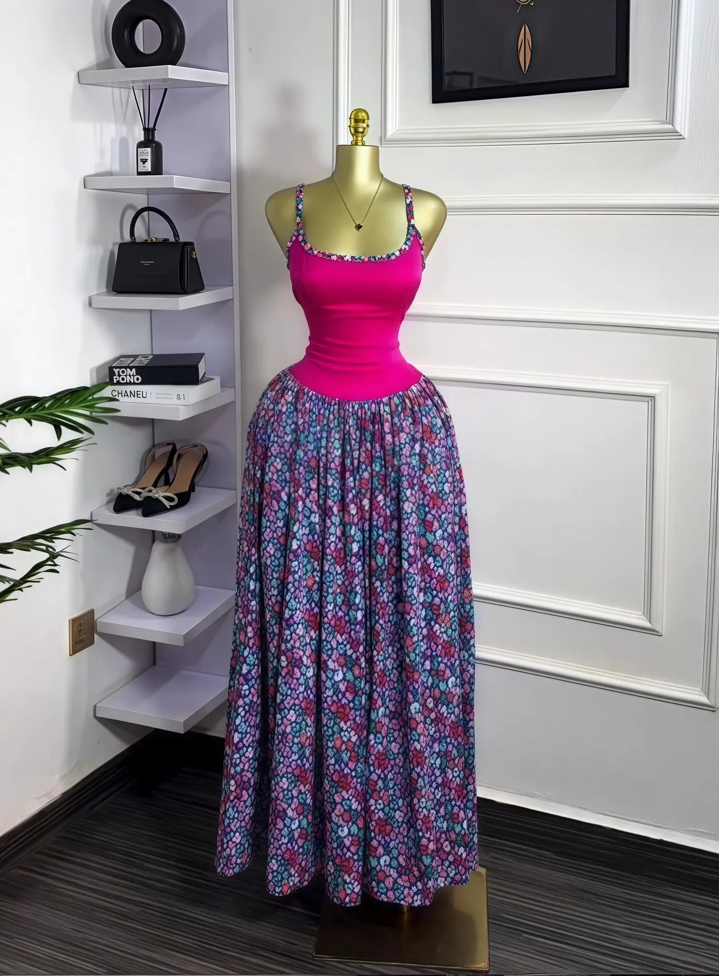 Floral Printed Patchwork Strap Tank Maxi Long Dress