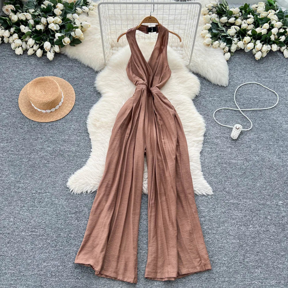 Backless Halter Lace Up Draped Chic Jumpsuit