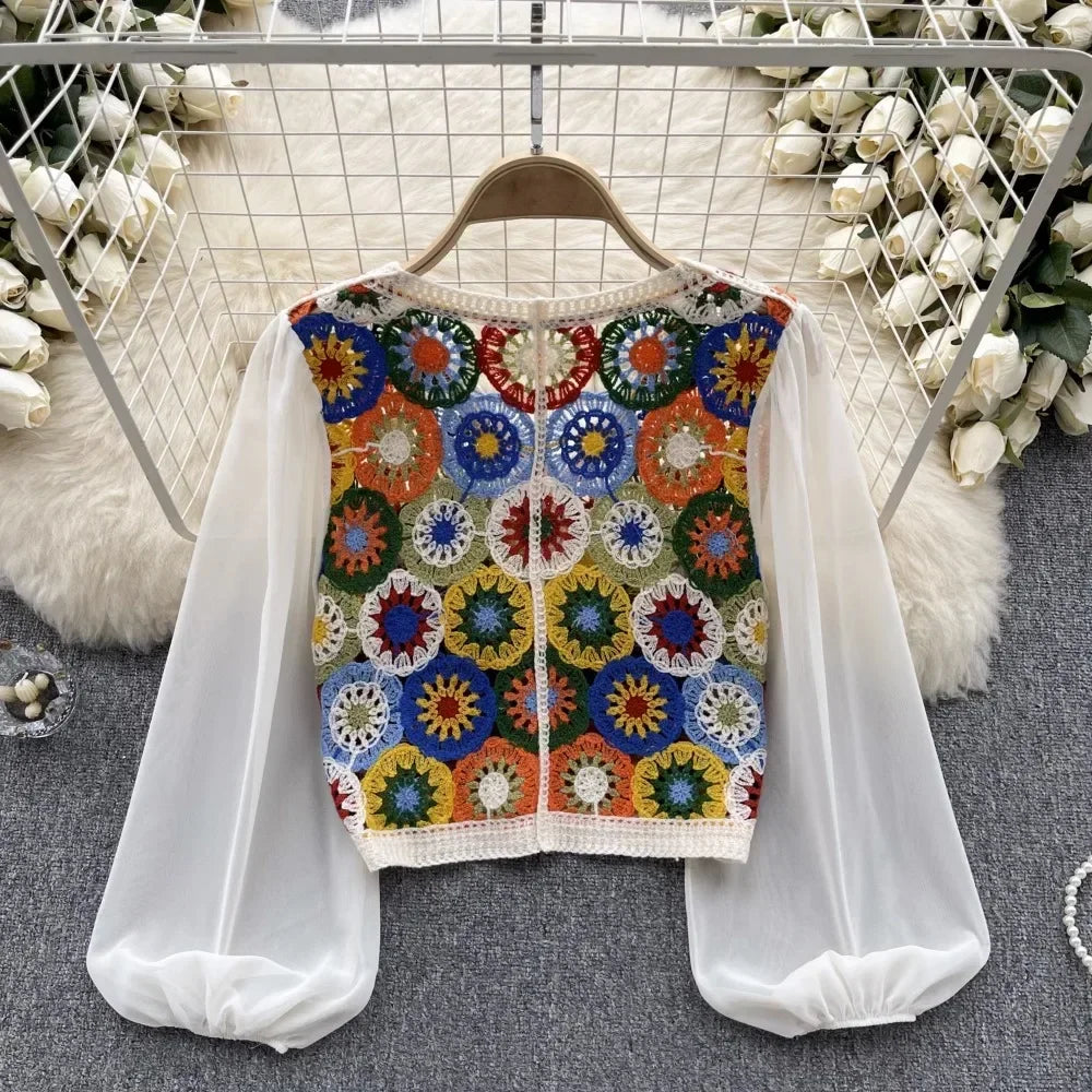 Knitting Crochet  Hollow Out Long Lantern Sleeve Blouse