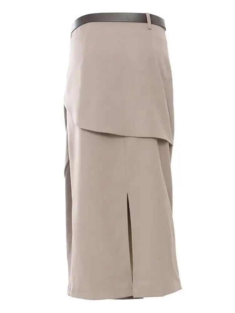 French Niche Asymmetrical High Waist Spliced Belt Solid Slim Skirt