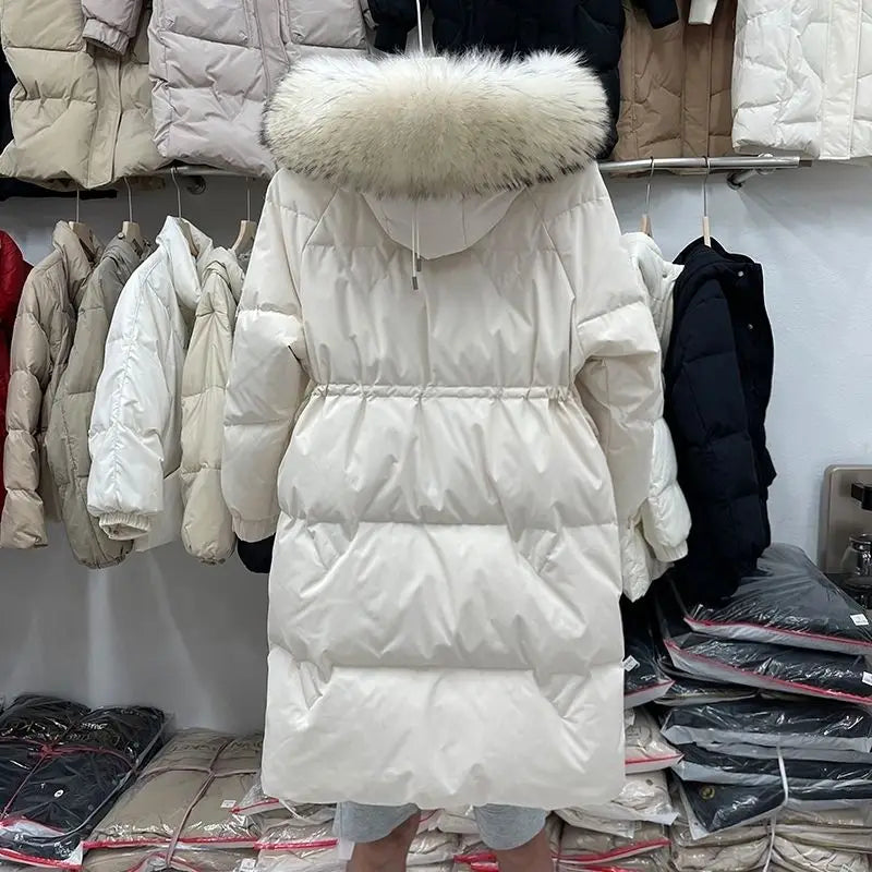 High End Goose Down Medium Length Thick Fur Collar Hooded Warm Coat