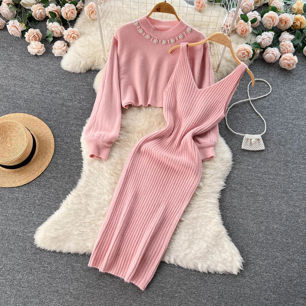 Knitted Sets Long Sleeve Pearl Sweater+Knitted Dress Sweater Suits