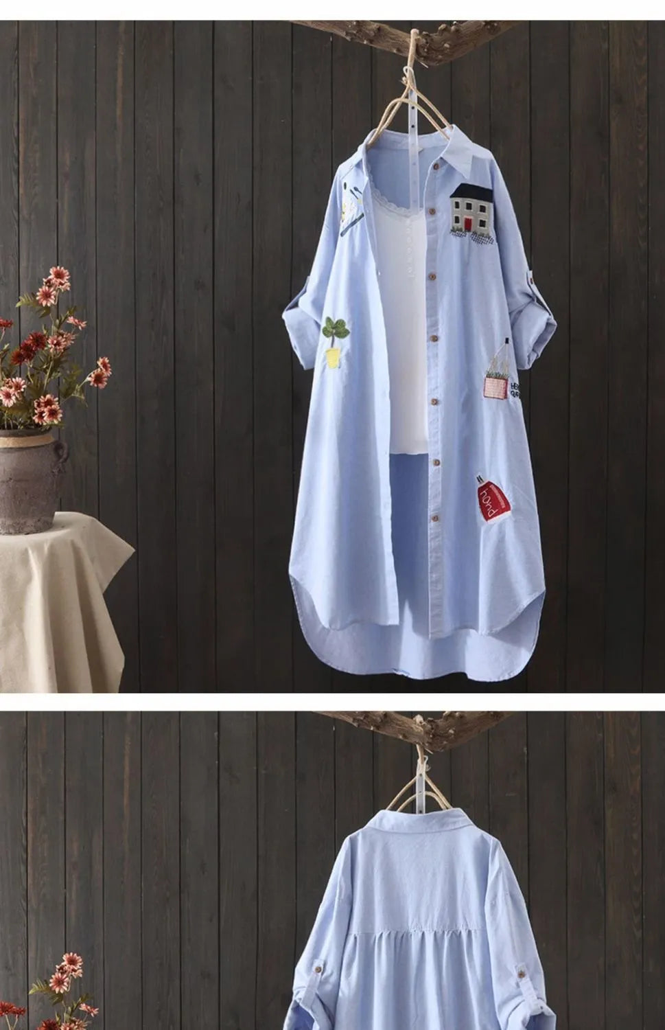 Cotton Embroidery Loose Long White Shirts Spring Autumn New Casual Office Lady Blouse Top Loose shirt