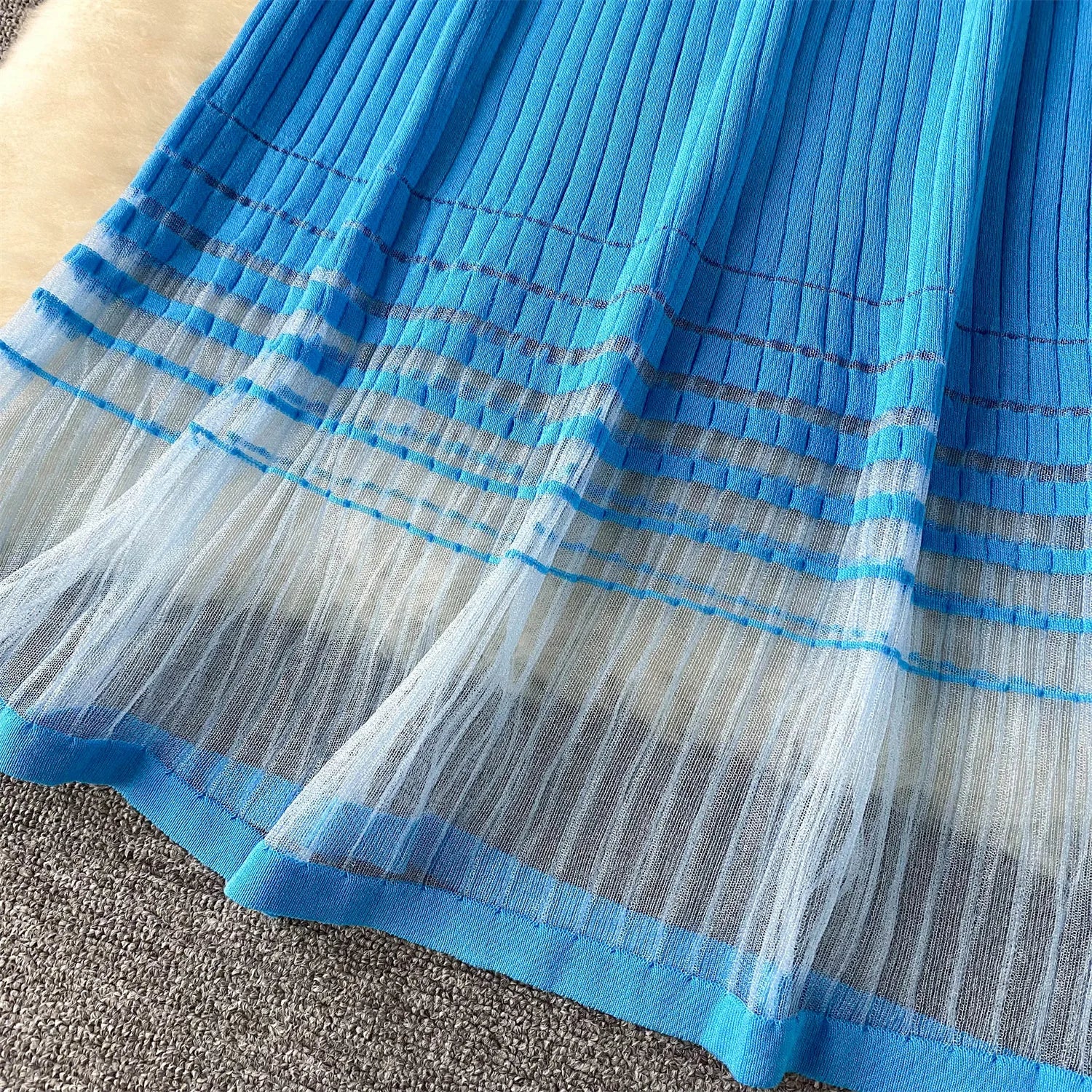 Elegant Stripe Knit Short Sleeves Mesh Patchwork Long Dress