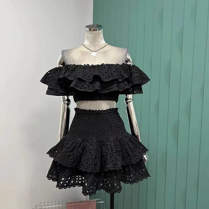 2 Pieces Sets Slash Neck Layered Ruffles Elastic Cut Out Top+Mini Skirt Suits