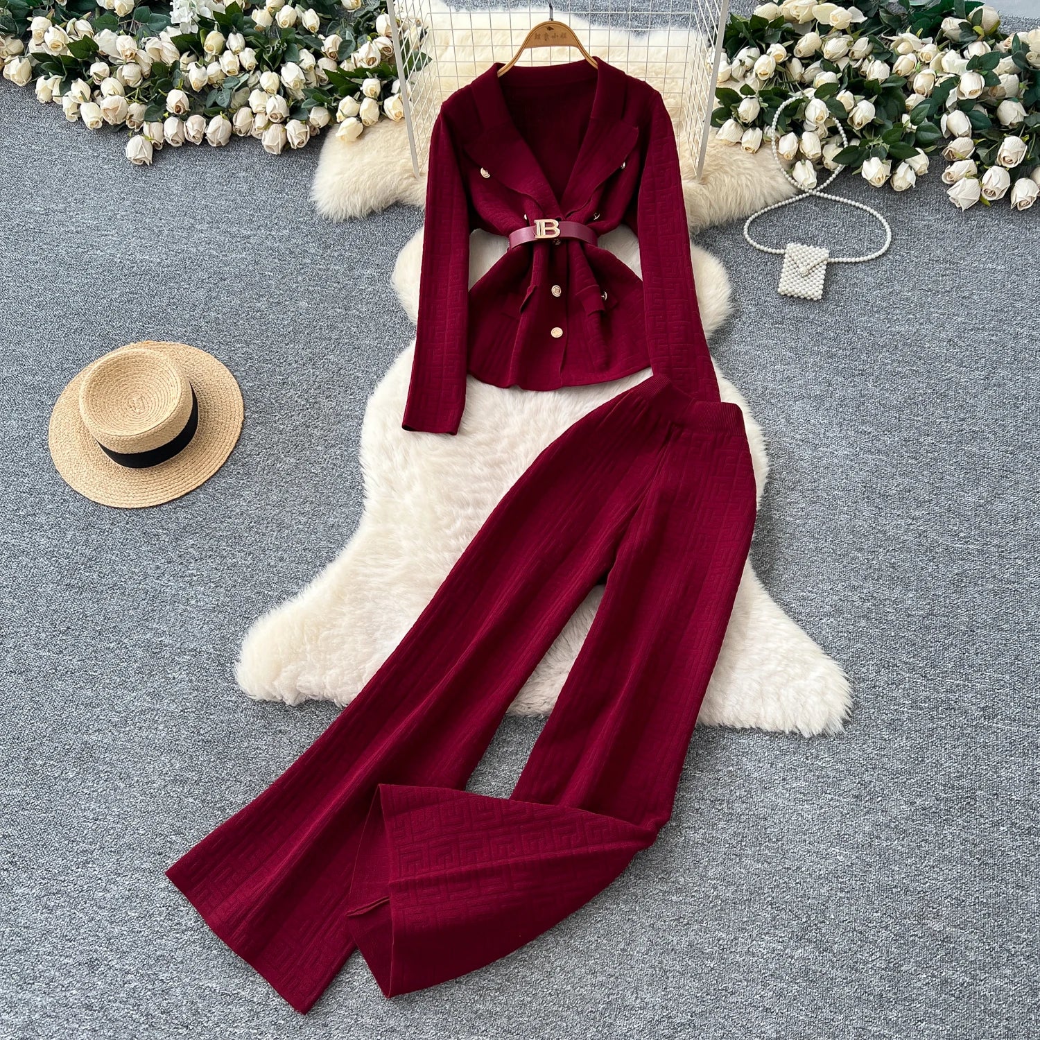 Knitted Long Sleeve Tops+Wide Trousers  Two Pieces Set