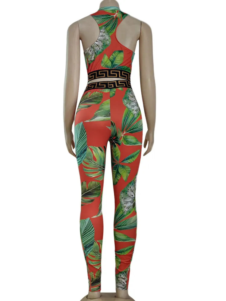 Print Leaves Skinny Two Pieces Pant Set Sleeveless Tank Top And Leggings Suit