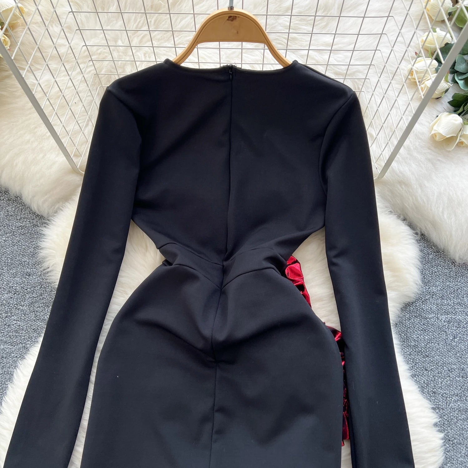 Elegant Three-dimensional floral asymmetrical long sleeve Dress