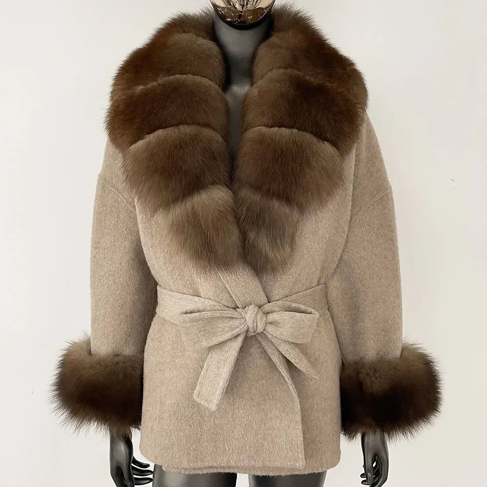 Winter Loose Outerwear Casual Natural Real Raccoon Fox Fur Blends Wool Coat