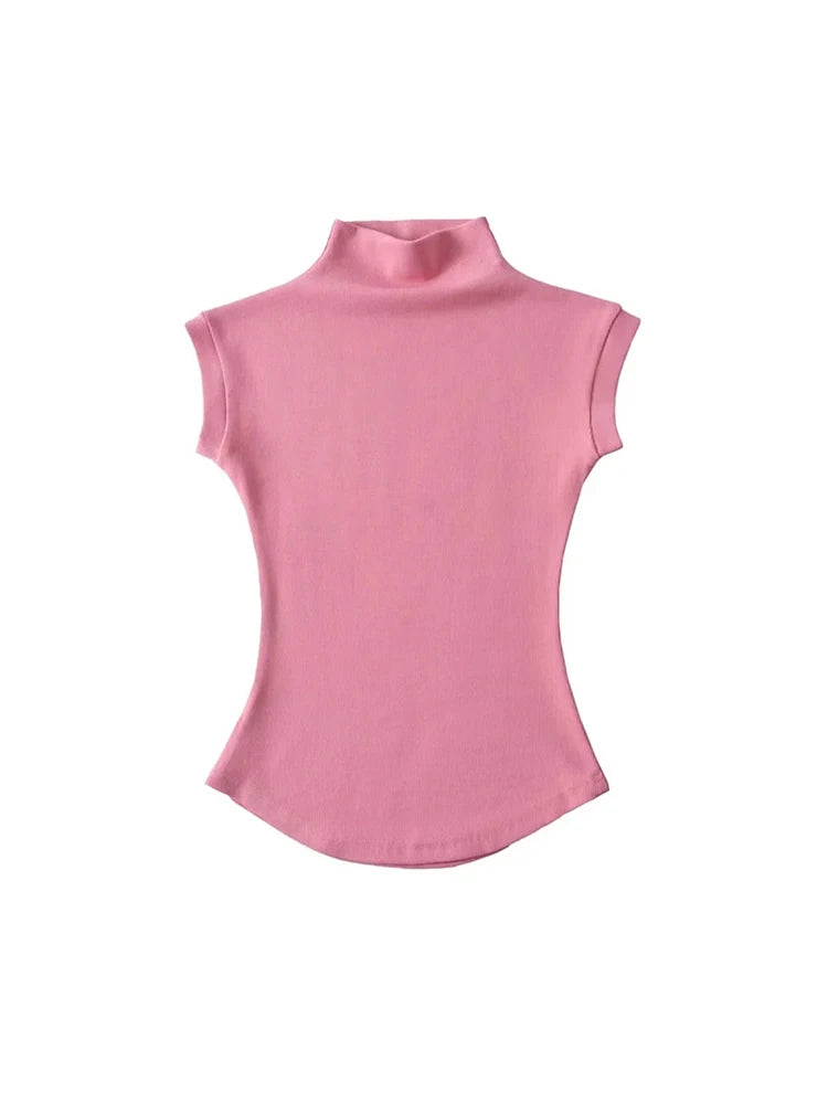 Turtleneck Sleeveless T-Shirts Tops Solid Slim Fit Pullovers Causal Tees Shirts