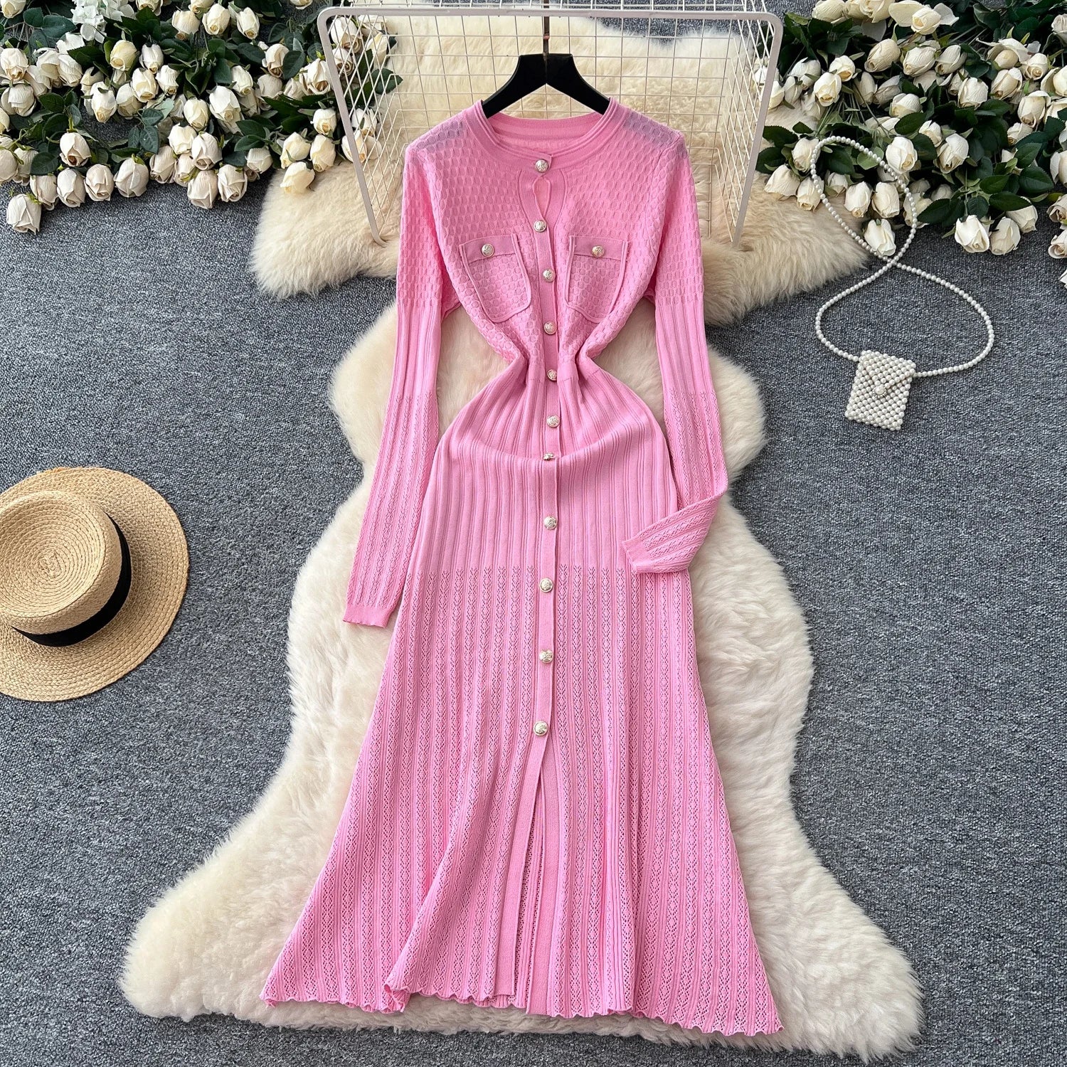 High-Waisted Knitted Long Autumn Hollow out Dress