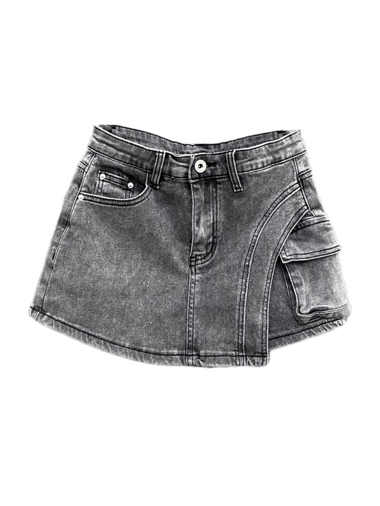 Denim Big Pockets Cargo High Waist Short A-line Mini Skirt