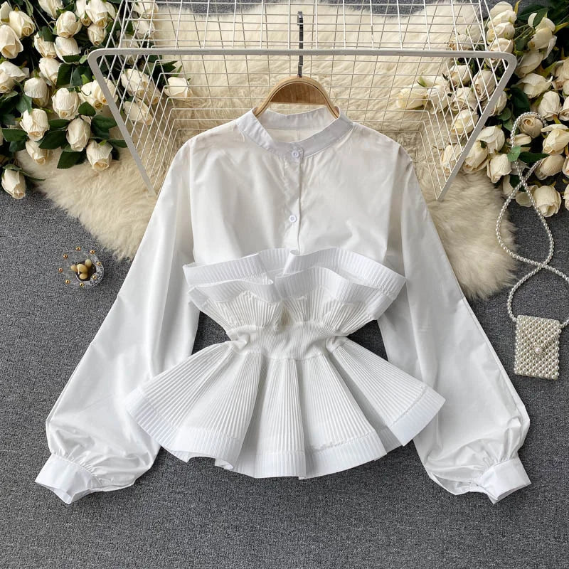 Puff Sleeve Pleated Ruffle Elegant Patchwork y2k Blouse