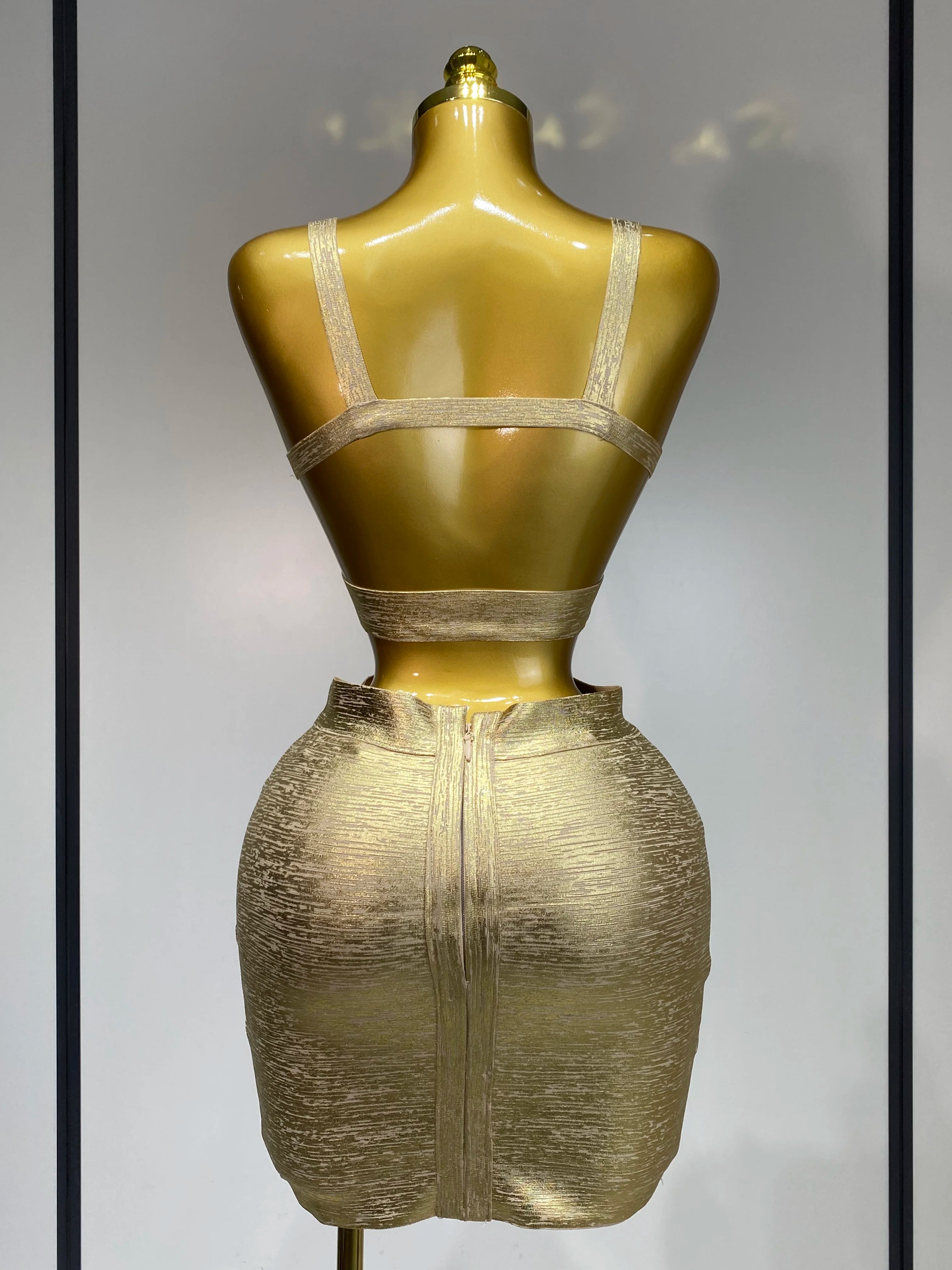 V Neck Gold Bandage Top Bodycon Skirt Two Piece Set