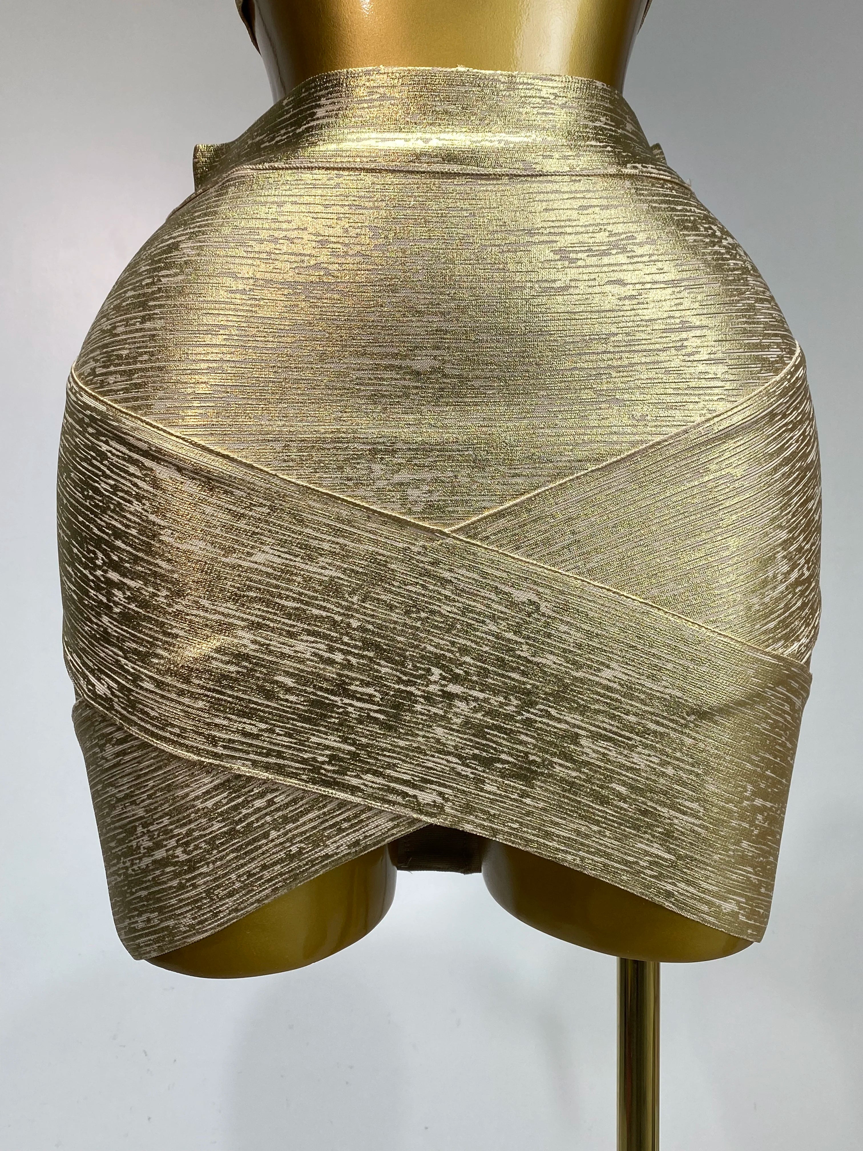 V Neck Gold Bandage Top Bodycon Skirt Two Piece Set