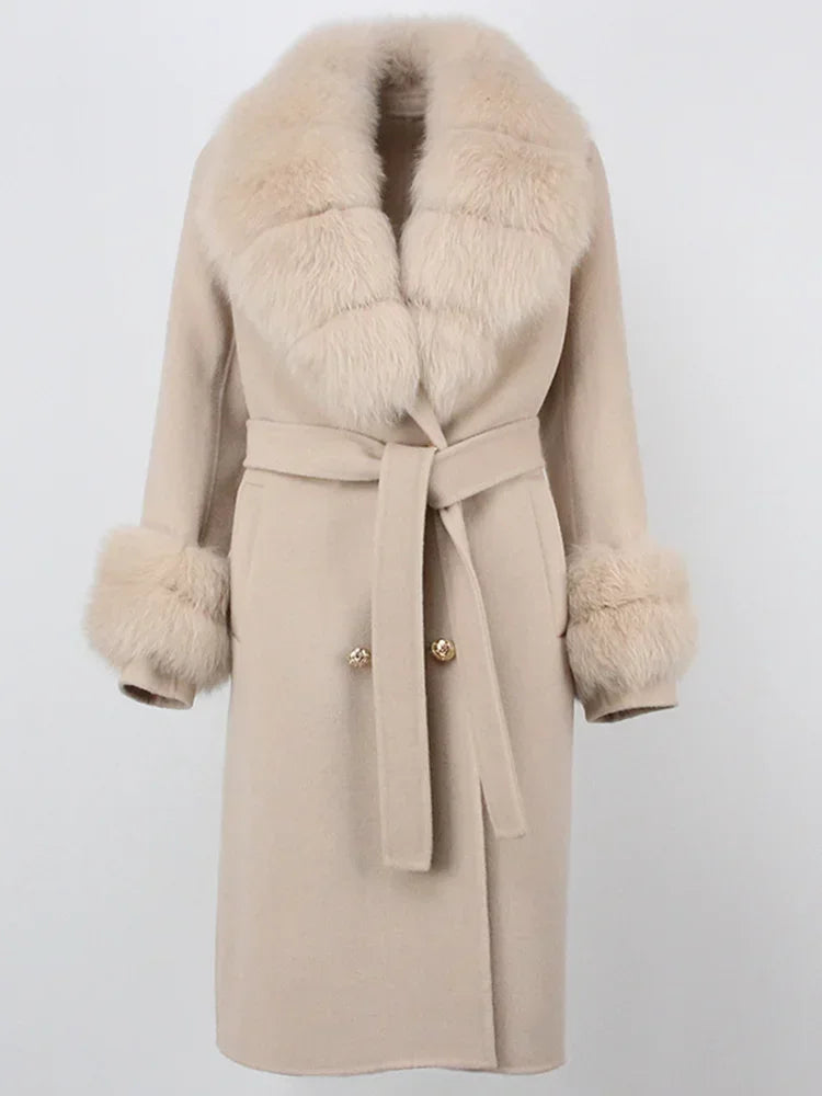 Real Fur Natural Wool Blends Cashmere Double Breasted Belt Warm Coat