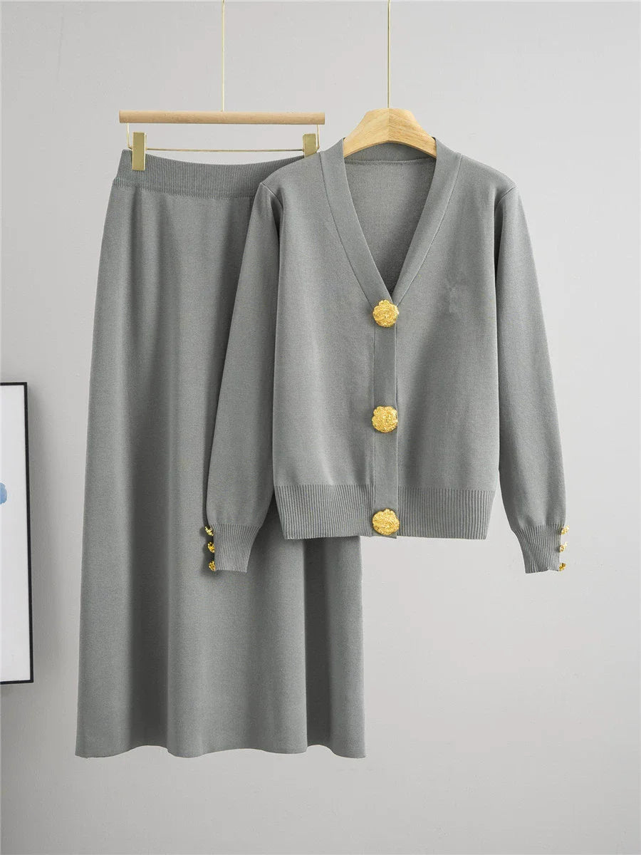 Elegant Slim Knitted 2 Piece Sets Sweater Tops High Waist Straight Pants Outfit
