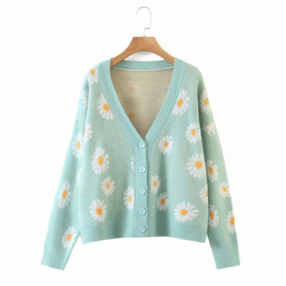 Fashion Print Soft Full Sleeve Floral Single Little Daisy V-Neck Pull Oversize Cardigan