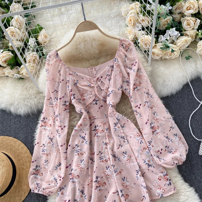 V-neck Puff Sleeves Folds Slim Floral Wide-leg Playsuit Jumpsuit