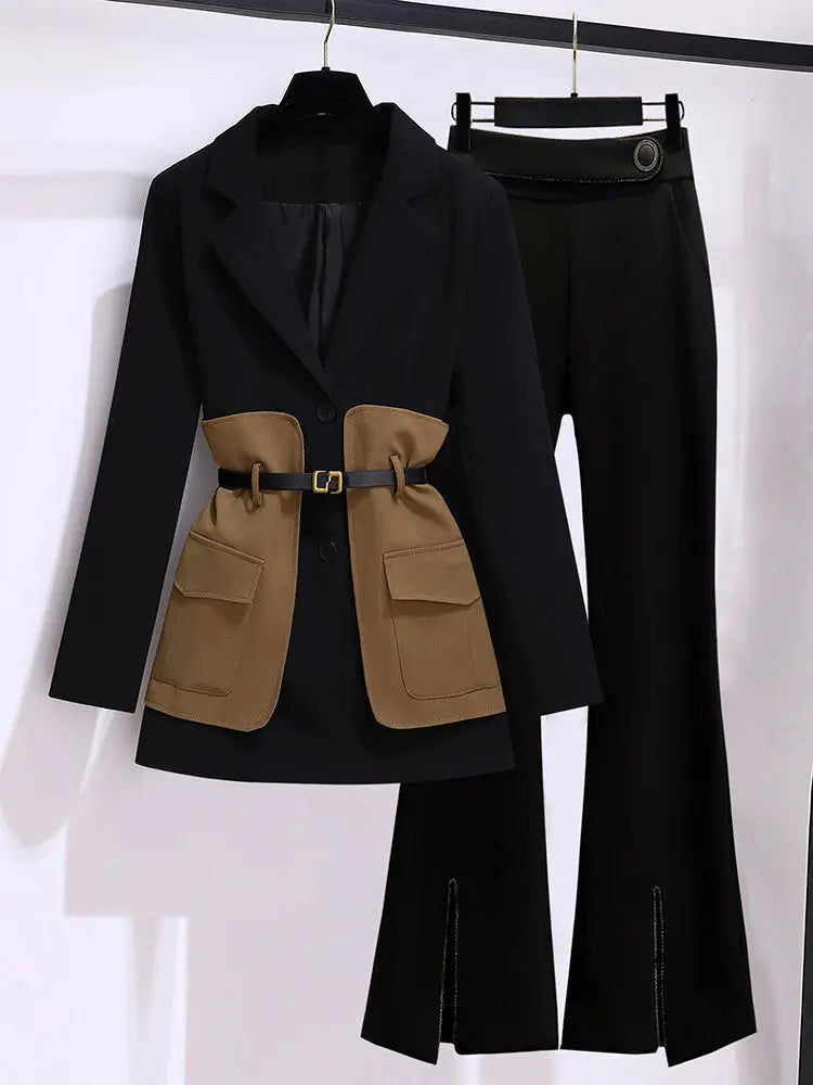 Patchwork Midi Suit Coat+Micro Flare Trouser Two Piece Matching Set