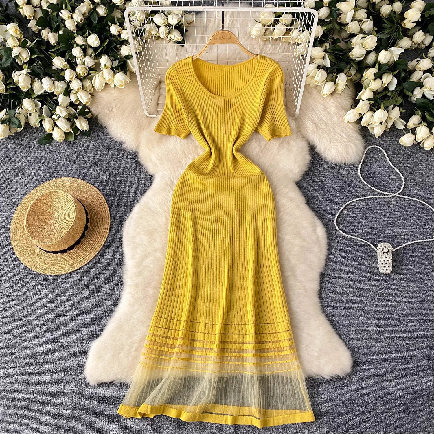 Elegant Stripe Knit Short Sleeves Mesh Patchwork Long Dress