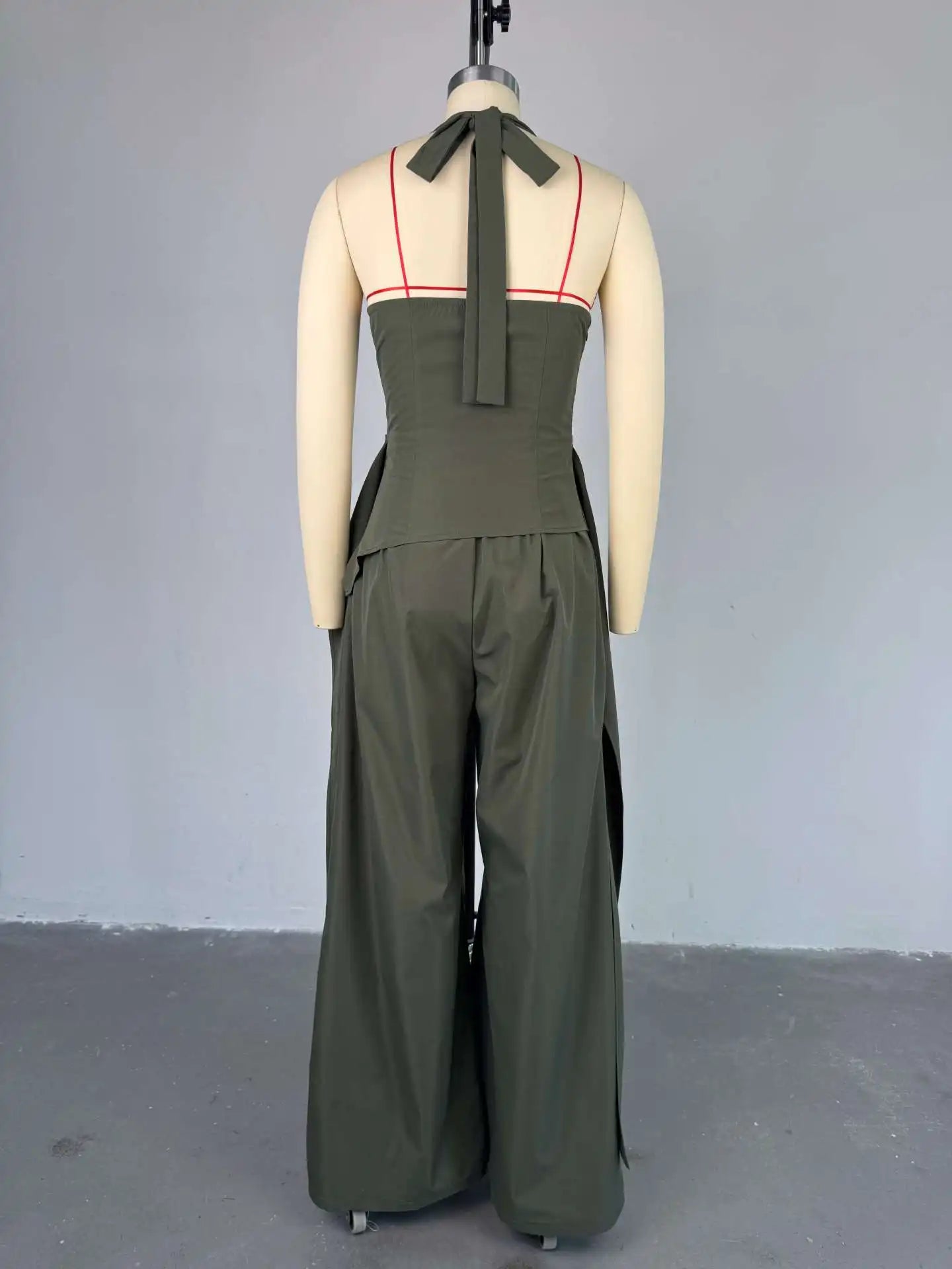 Ruched Front Streamer Side Crop Top and Loose Wide Leg Pants Two Piece Sets
