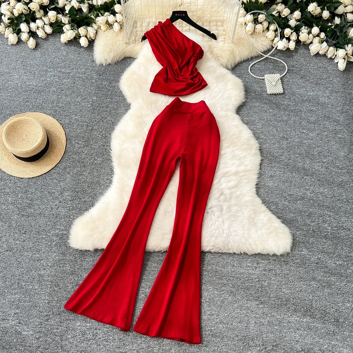Chic Vintage Diagonal Collar Sleeveless Pleated Top and High Waist Flare Pants Two Piece Set