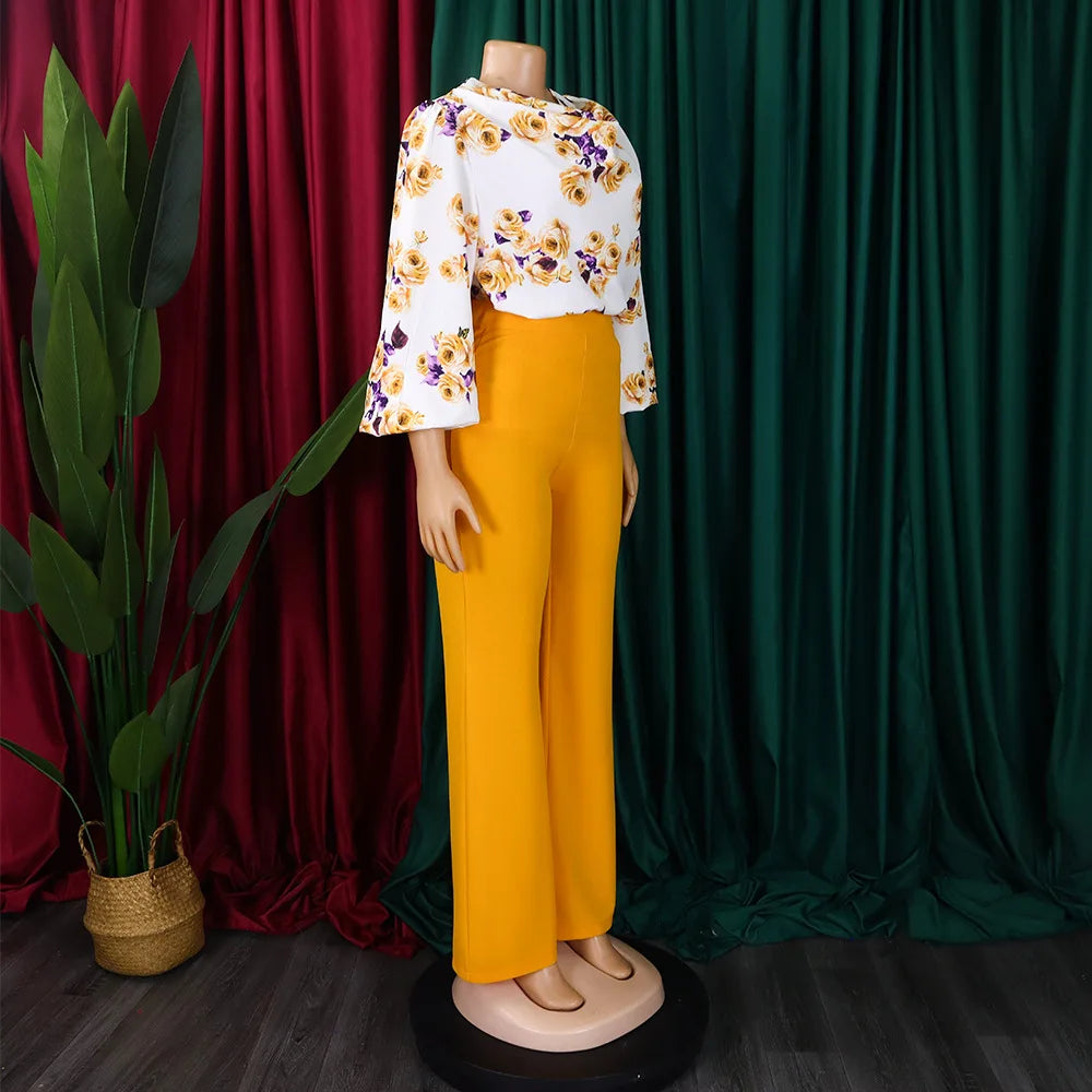 Two Piece Sets Slim Fit Print Floral Round Neck Lantern Sleeve Elegant Splice Wide Leg Long Pants