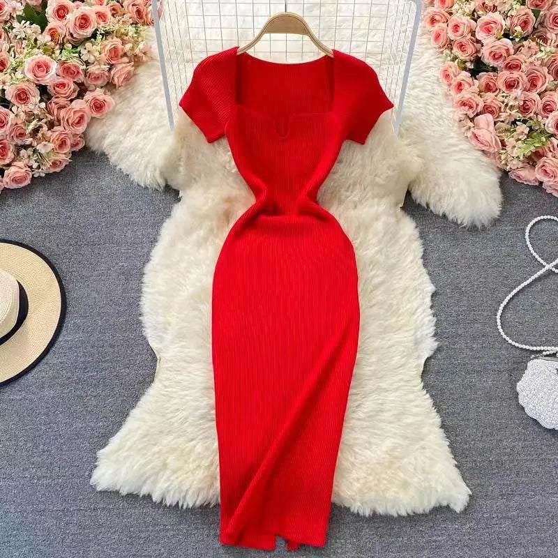 Elegant Square Neck Short Sleeve Slim Fit Knitted Bodycon Dress
