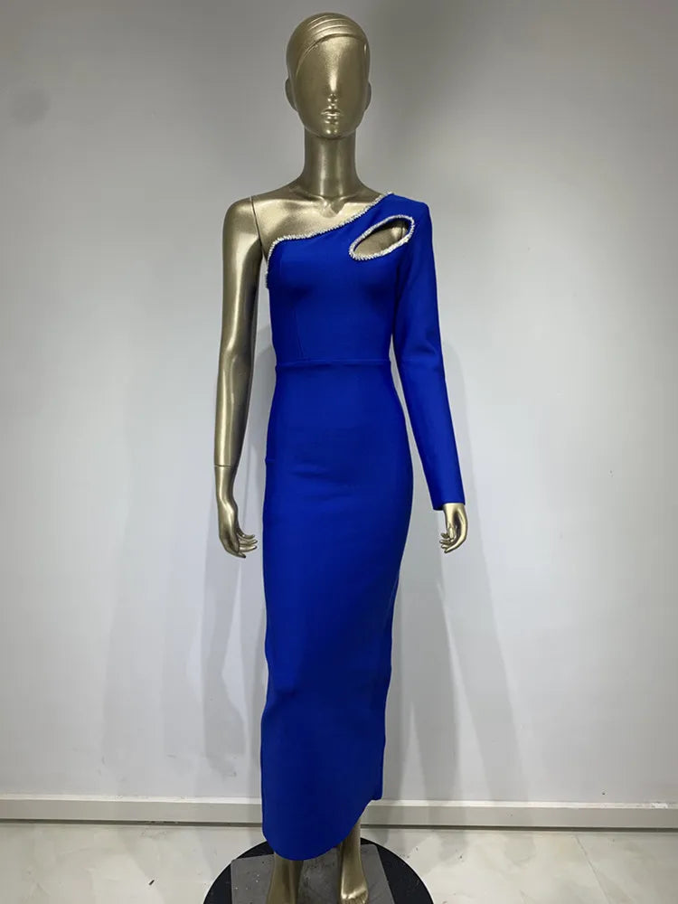 One Shoulder Single Sleeve Blue Diamonds Mid-Calf Bandage Dress