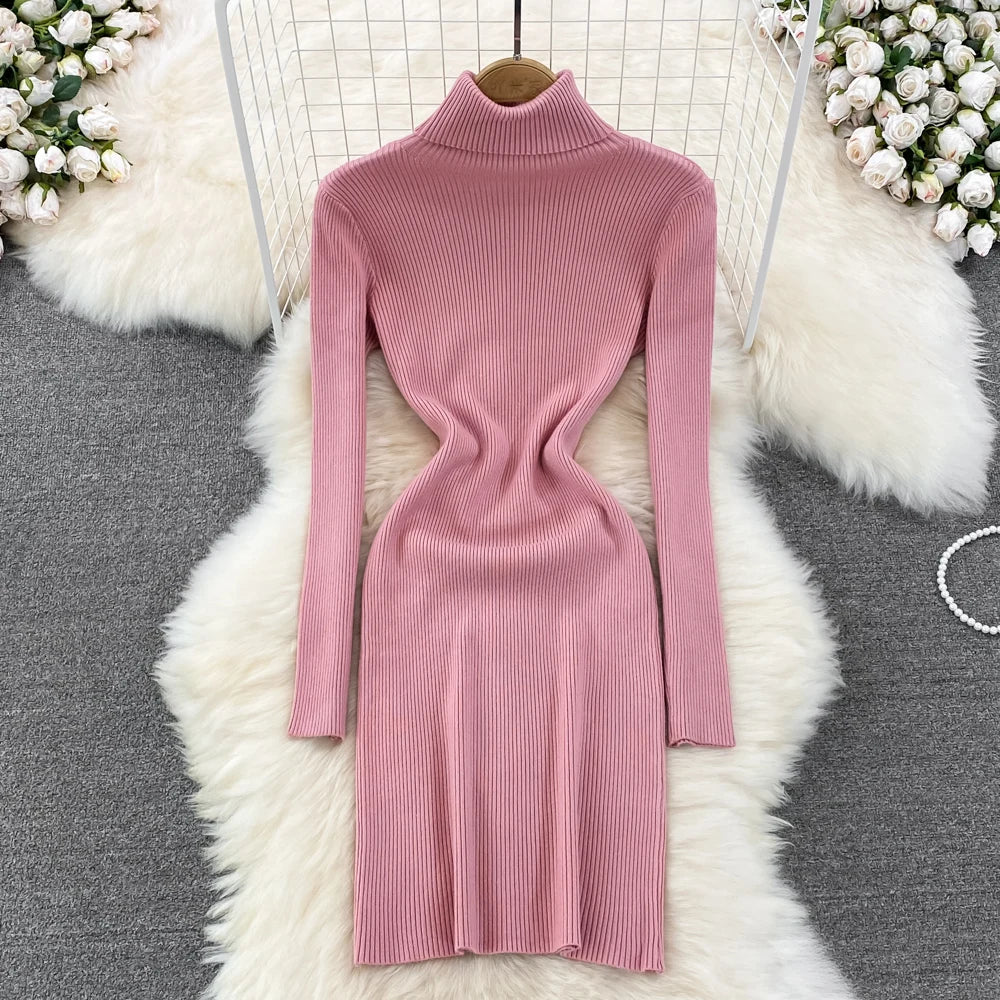 Elegant Turtleneck Long Sleeve Knit Bodycon Pencil Sweater Dress Autumn Winter Clothing