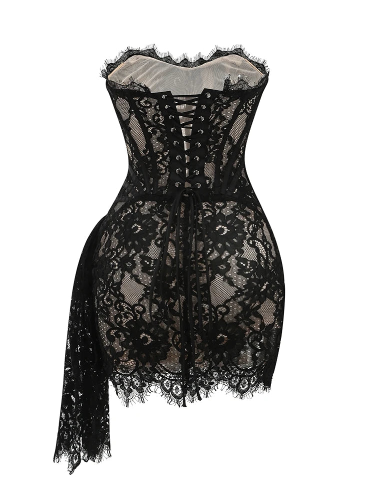 Strapless Lace Corset Lace-up Adjusted Draped Minu Bodycon Dress