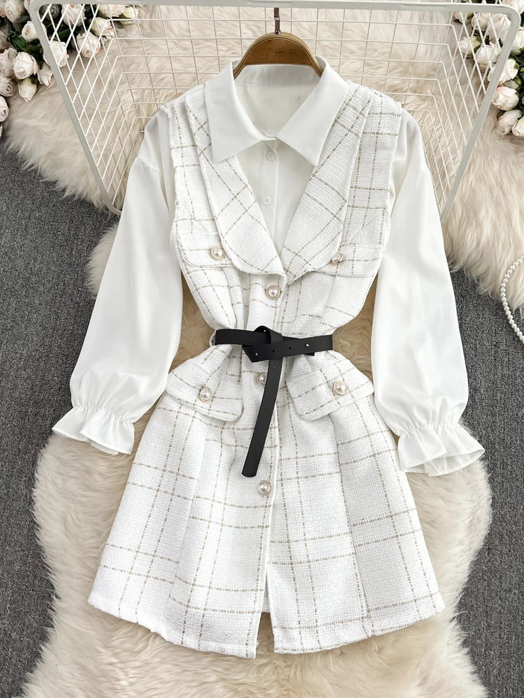 Temperament Lapel White Shirt+V-neck Single Breasted Tweed Vest  Two-piece Set Dress