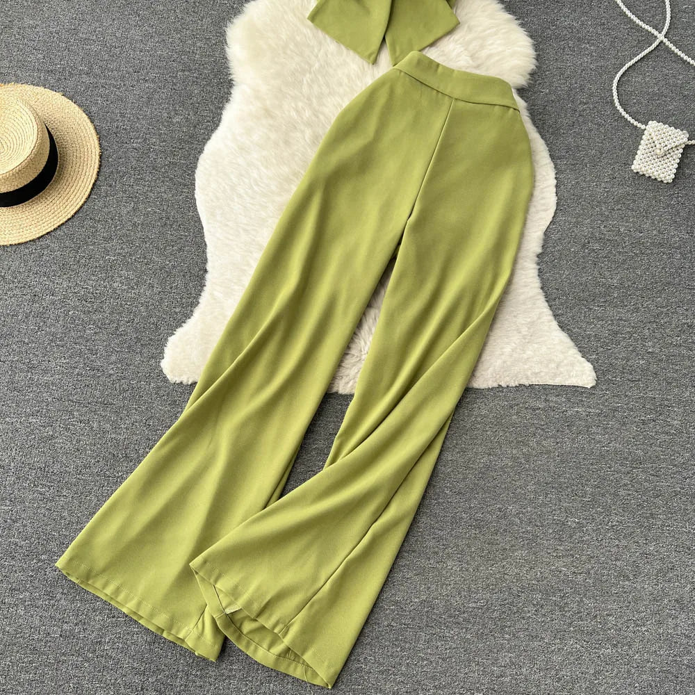 Bow Strap Top+High Waist Casual Wide Leg Long Pants Two piece Set