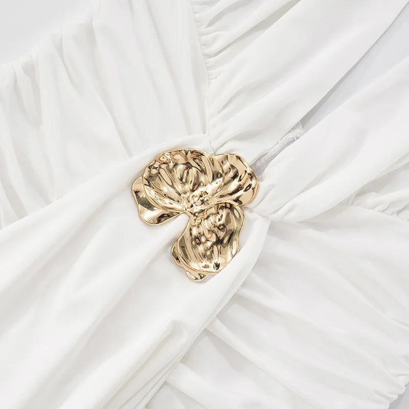 Sleeveless Halter Pleated Ribbon Deep V Backless Dress