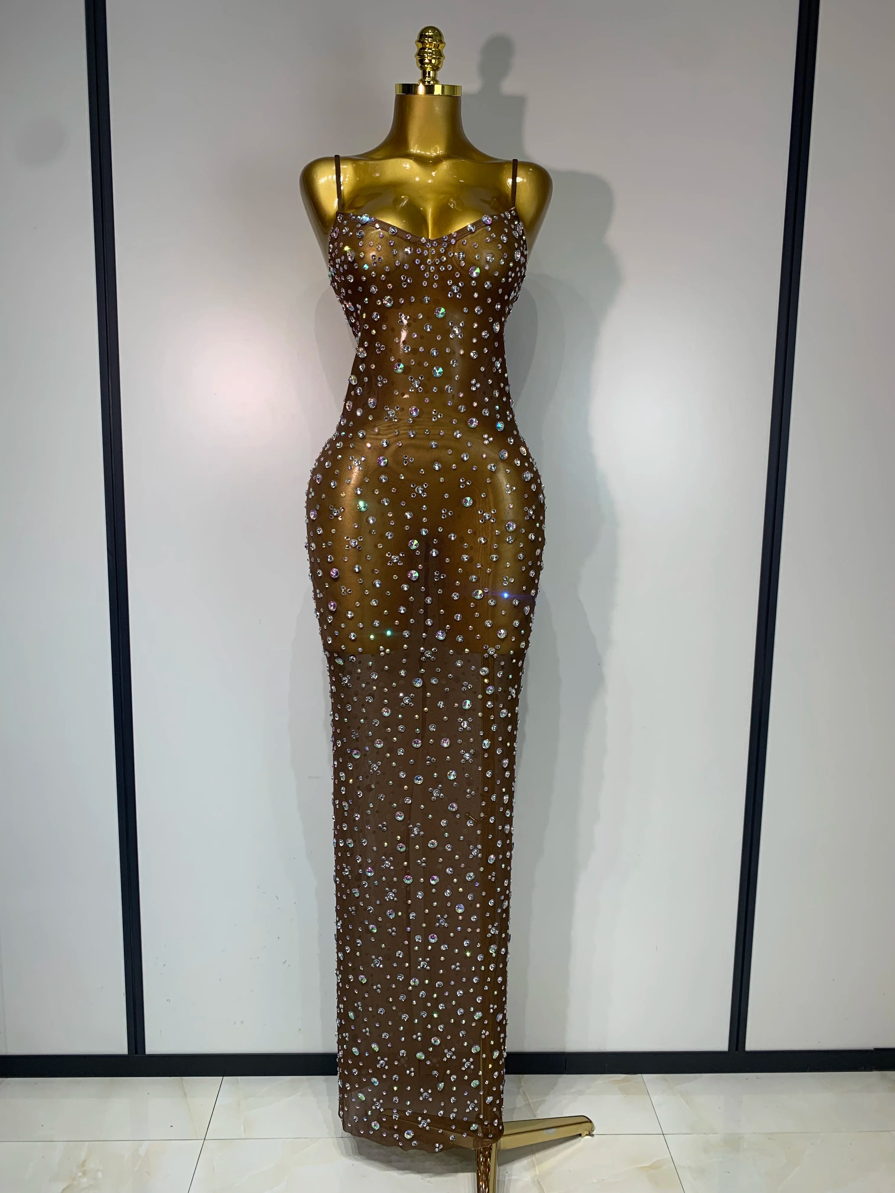Sparkly Rhinestone See through Mesh Luxury Dress