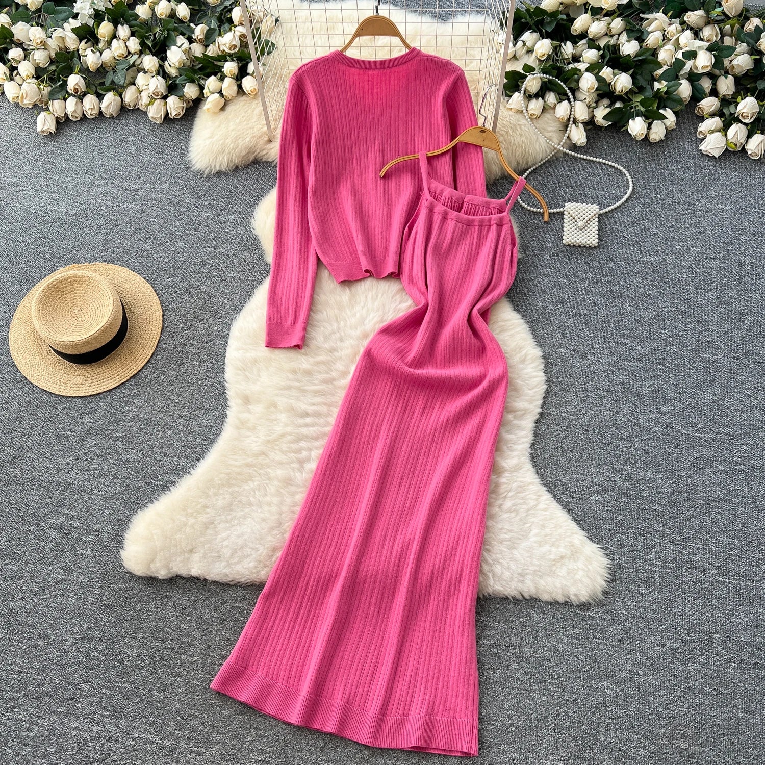 Elegant Long Sleeve Single Breasted Tops+Sleeveless Strap Bodycon Dress Knit Solid Sweater Sets