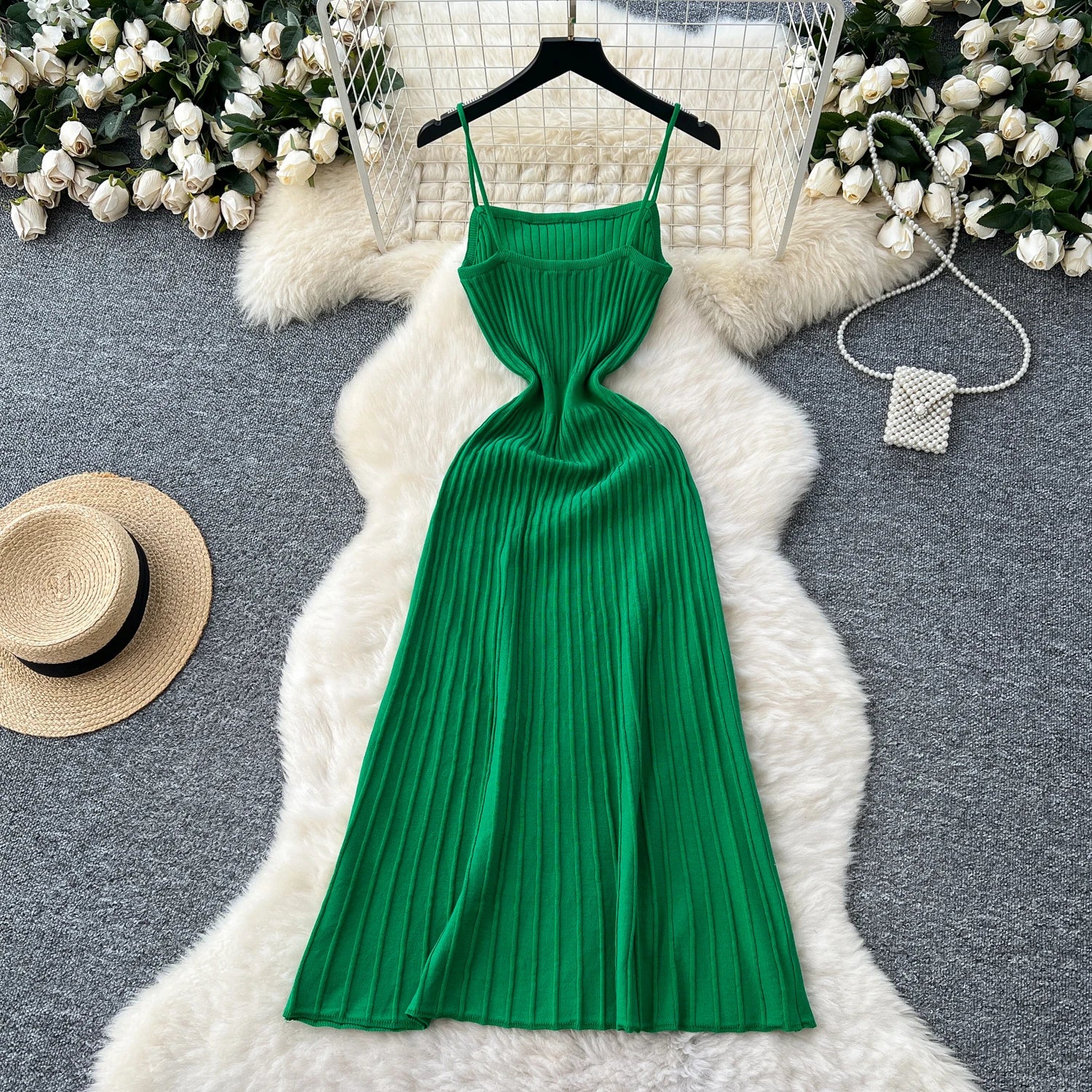 Knit Spaghetti Strap Dress Sleeveless Elastic Waist Slim Long Dress