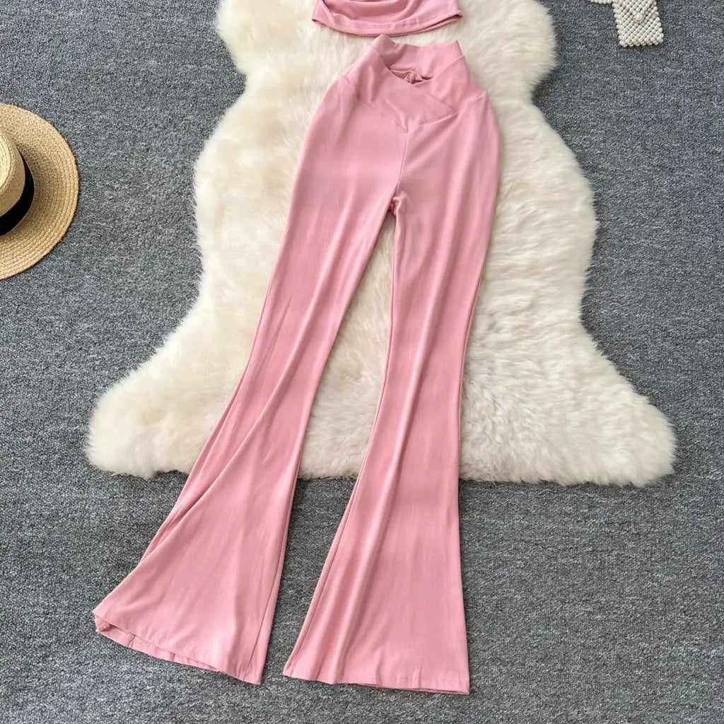 Two Pieces Sets Elegant Chic Skew Collar Pleated Tops + High Waist Flare Casual Pants  Outfits