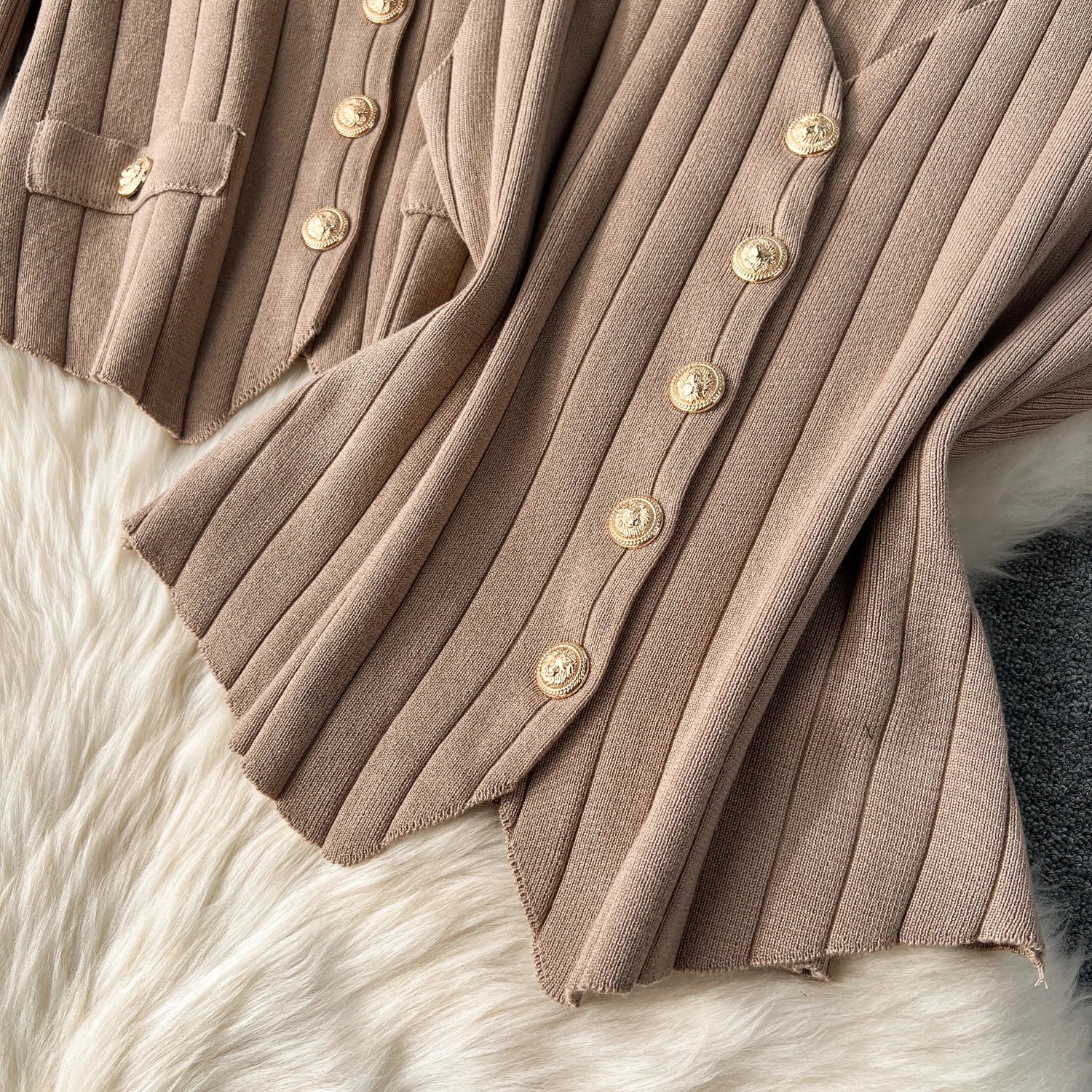 Knitted Metal Button Vest+V Neck Long Sleeves Cardigans+Wide Legs Pants Stripe Three Pieces Sets