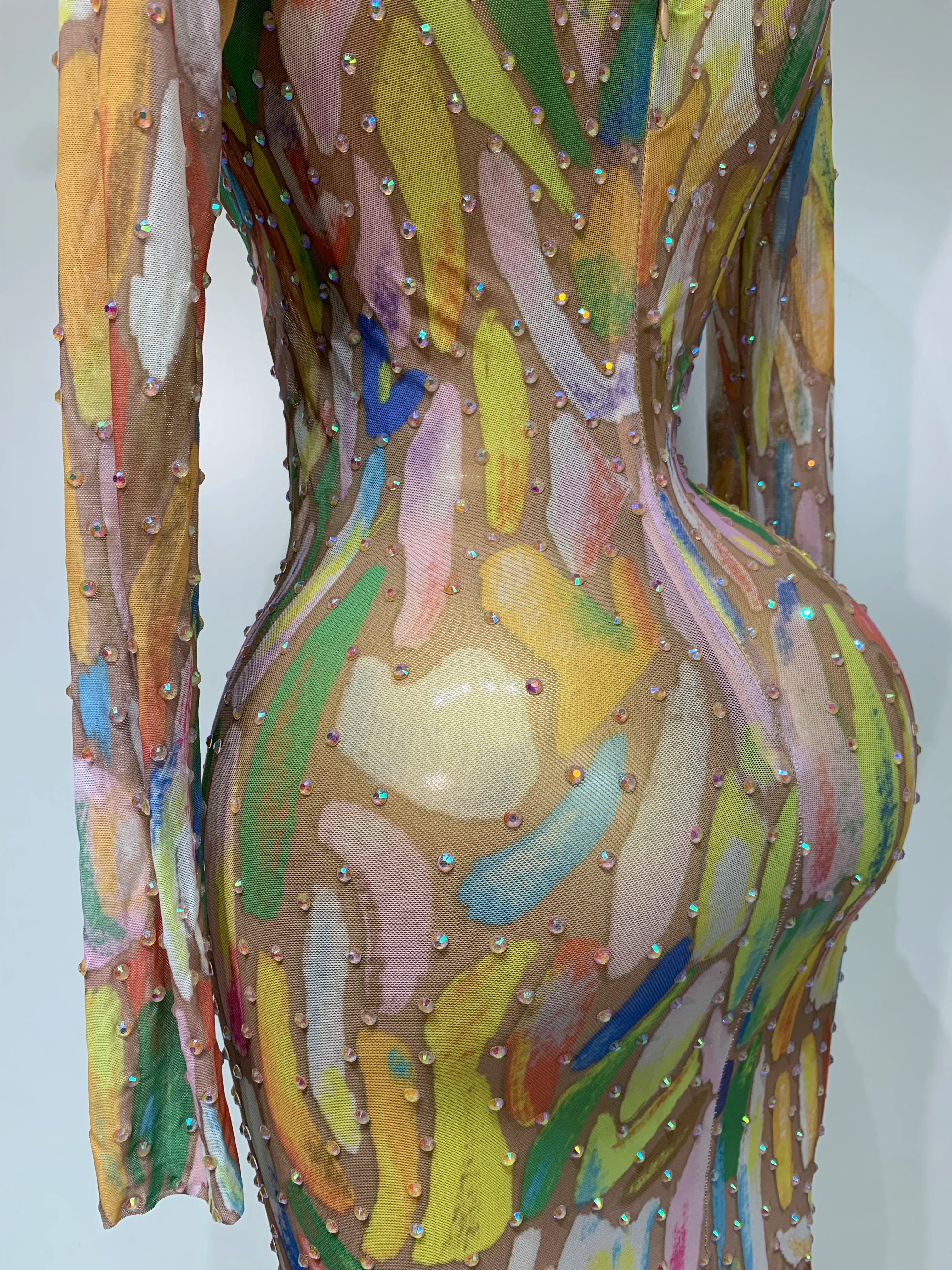 Stretchy See Through Mesh Sparkly Rhinestone Dress