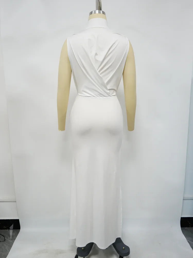 O-neck High Split Ruched Stacked Bodycon Midi Maxi Dress